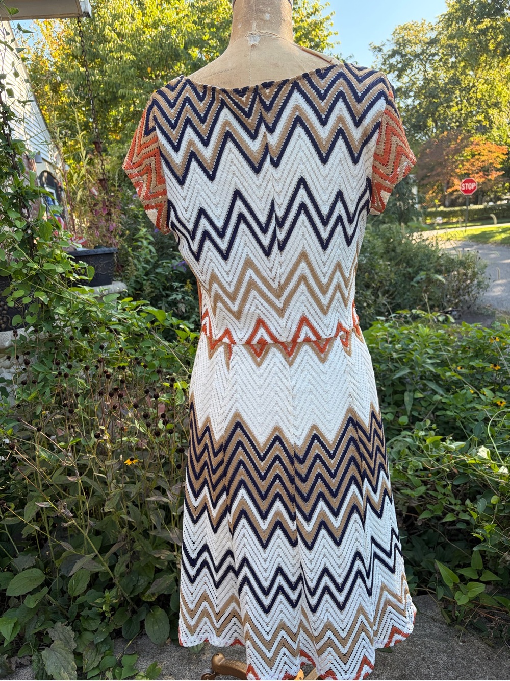 Sharagano Zigzag Knit Midi Dress in White, Navy & Tan with Orange Accents